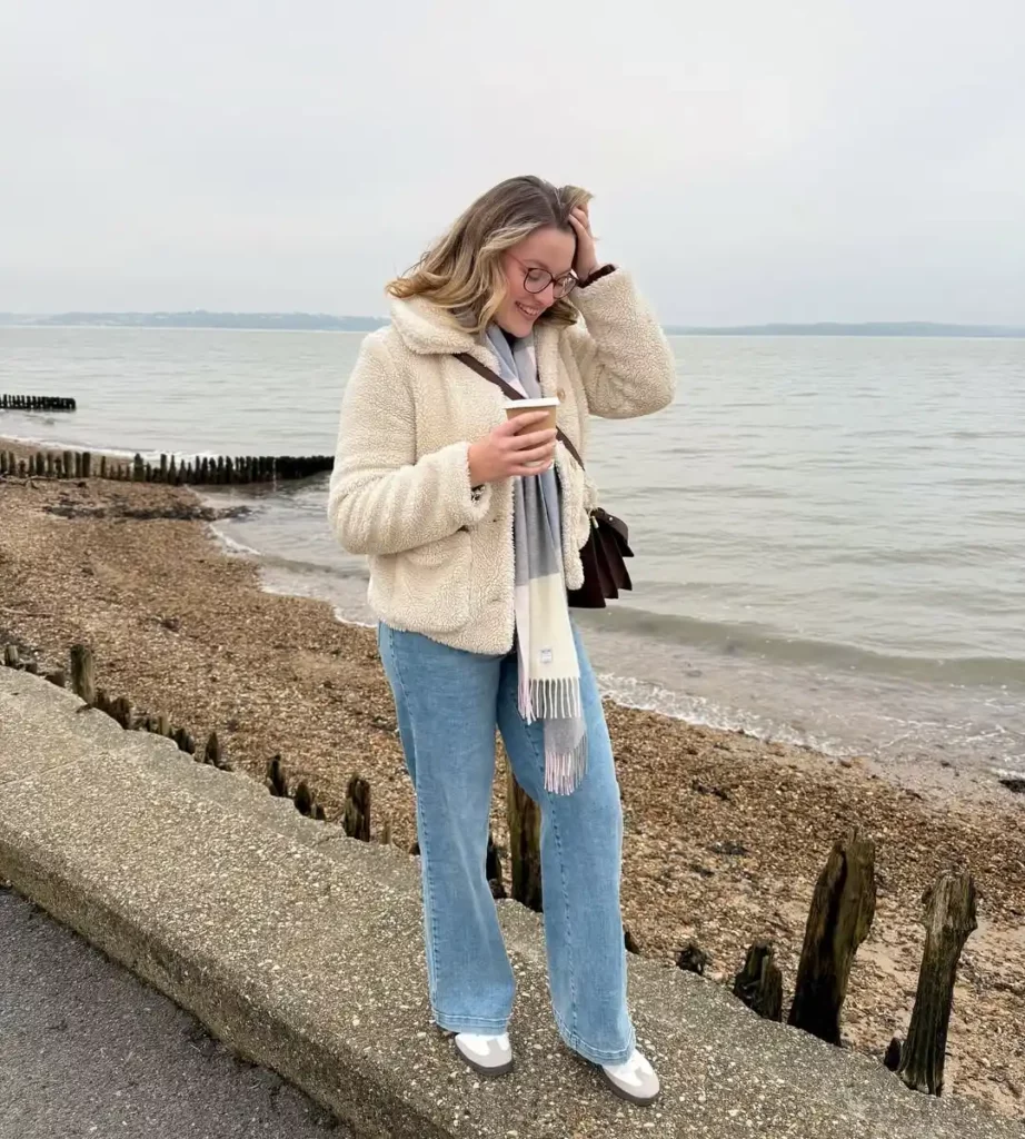 Cozy Neutral Layers with Wide Leg Jeans for Office