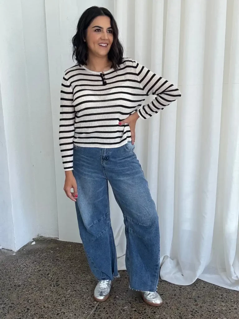 Striped Ease with Barrel Jeans for a Relaxed Office Look