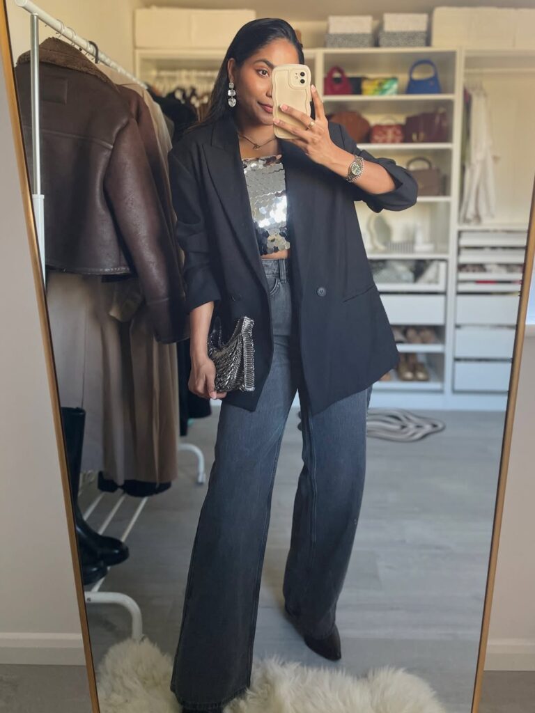 Evening Glam with a Blazer and Wide-Leg Jeans