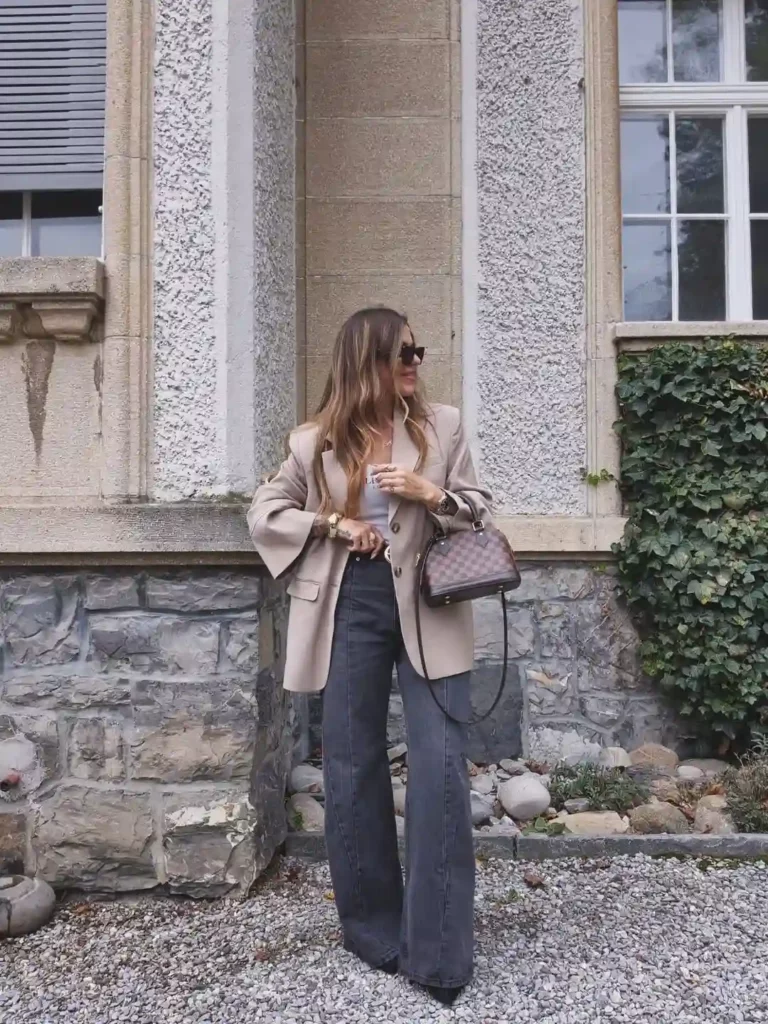 Soft Neutral Layers with a Blazer and Wide-Leg Jeans