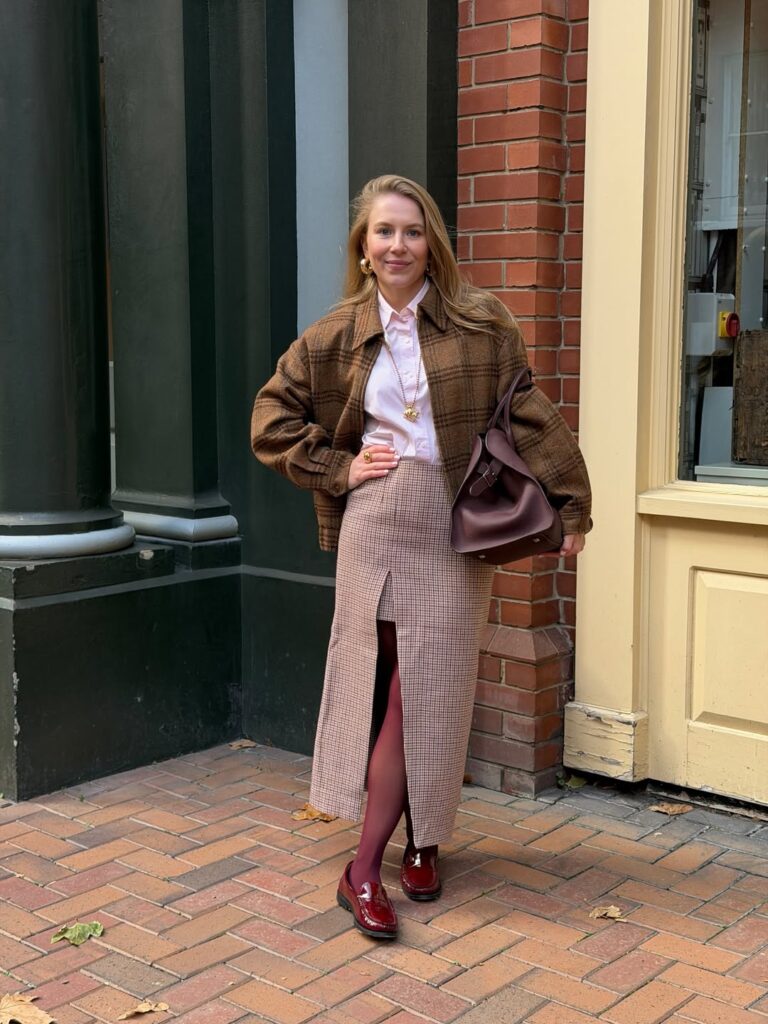 Warm Neutral Winter Office Look with a Midi Skirt