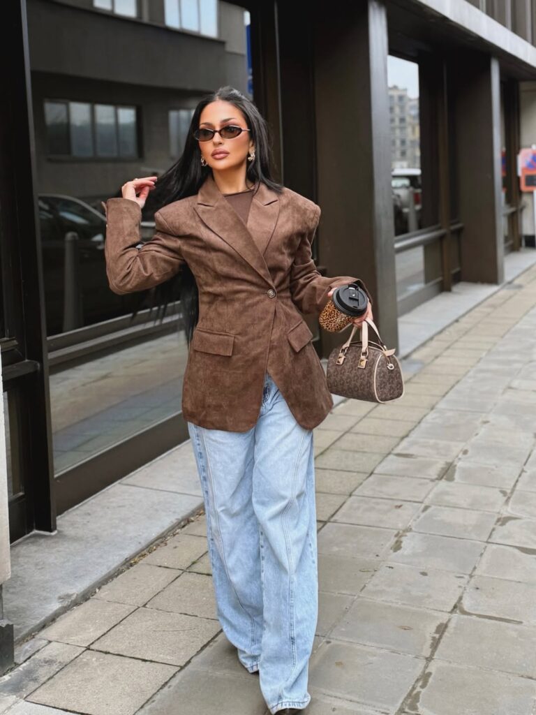 Luxe Texture Play with a Suede Blazer and Wide-Leg Jeans