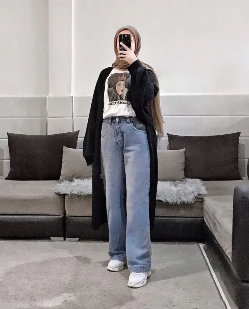 Casual Layering with Wide Leg Jeans for a Relaxed Hijab Look