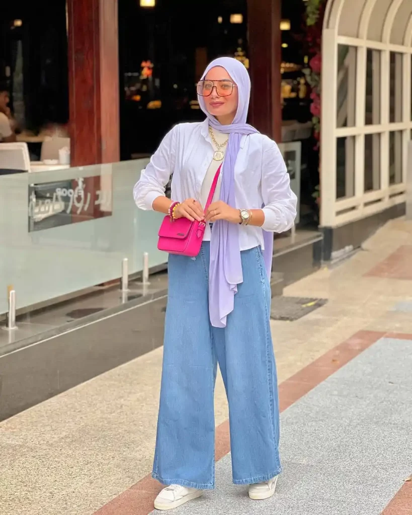 Soft Pastels with Wide Leg Jeans for a Fresh Hijab Look