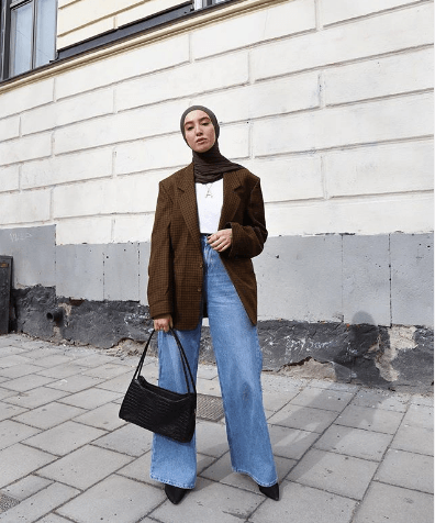 Classic Brown Layers with Wide Leg Jeans for an Elevated Hijab Look