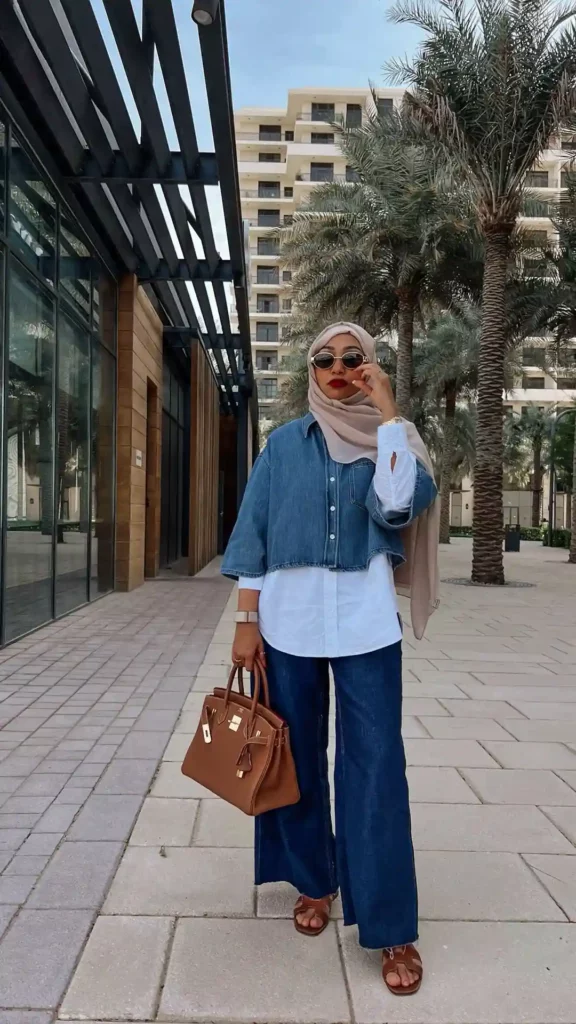 Denim-on-Denim Layers with Wide Leg Jeans for a City Hijab Look