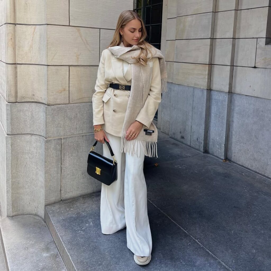 Refined Winter Neutrals with a Beige Blazer for Office