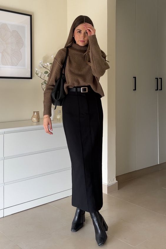 Brown Turtleneck and Black Maxi Skirt for a Clean Winter Office Look