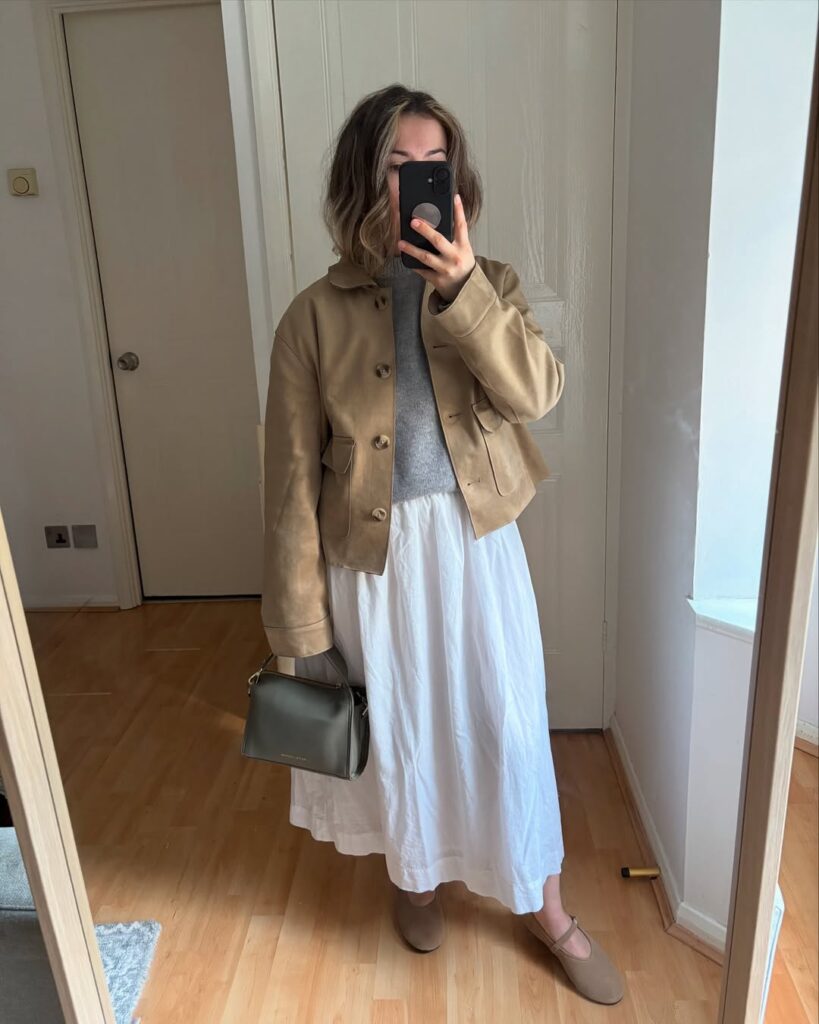 Cozy Grey Knit with Cropped Camel Jacket and White Midi Skirt for Winter
