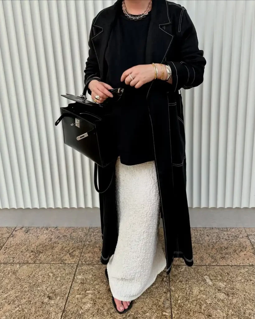 Black Trench Drama with White Textured Maxi Skirt for Winter
