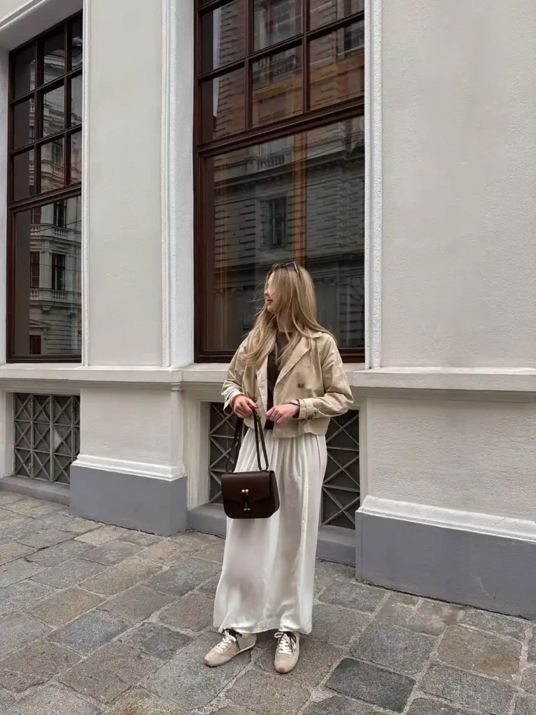 Neutral Jacket Ease with White Maxi Skirt for Winter