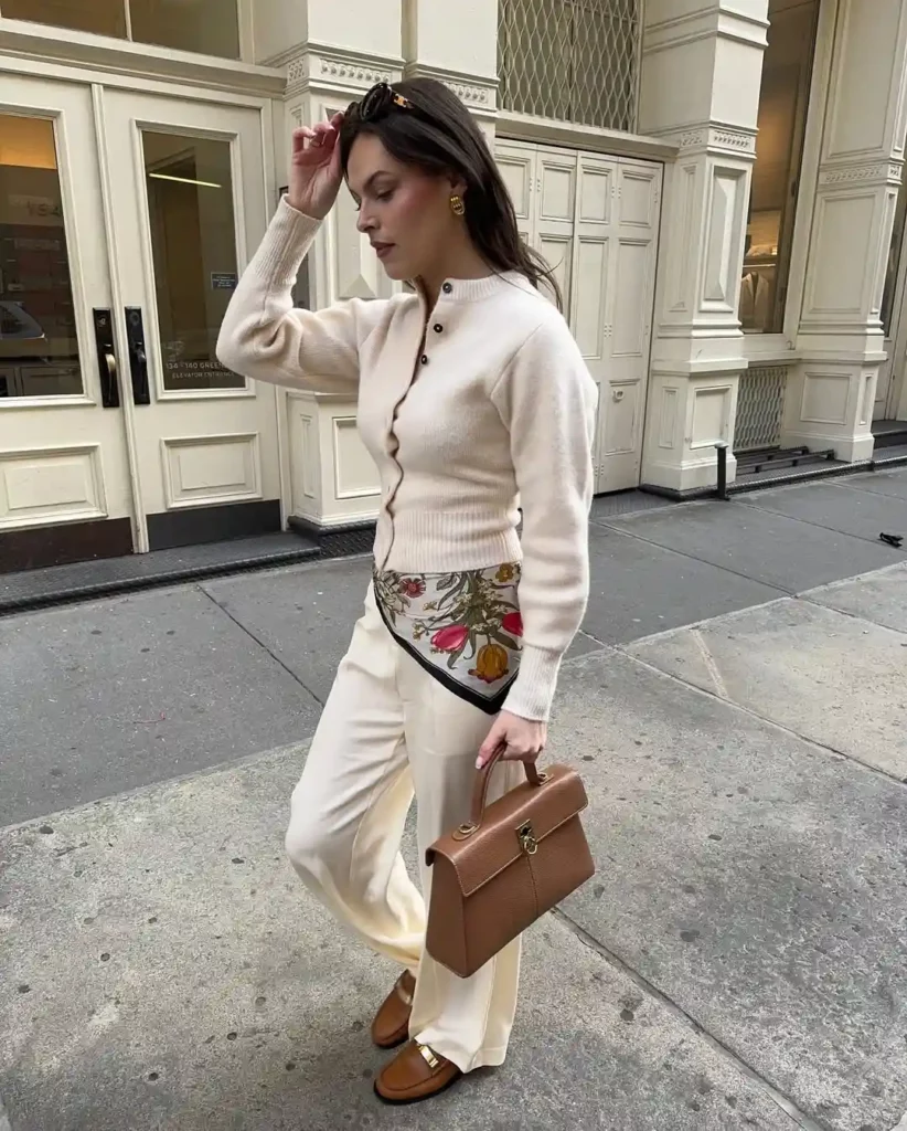 Soft Knit Cardigan with Cream Trousers and Silk Scarf for Spring Work