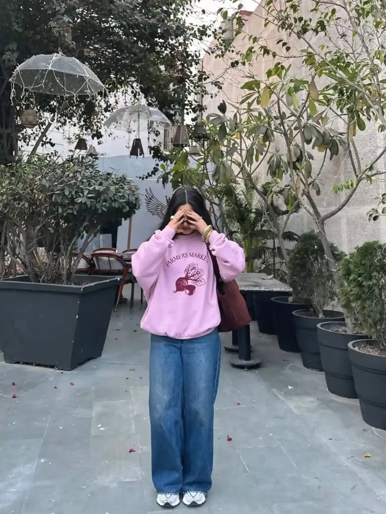 Soft Pink Sweatshirt with Relaxed Office Balance