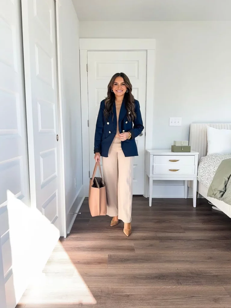 Soft Neutrals Framed by a Navy Blue Blazer
