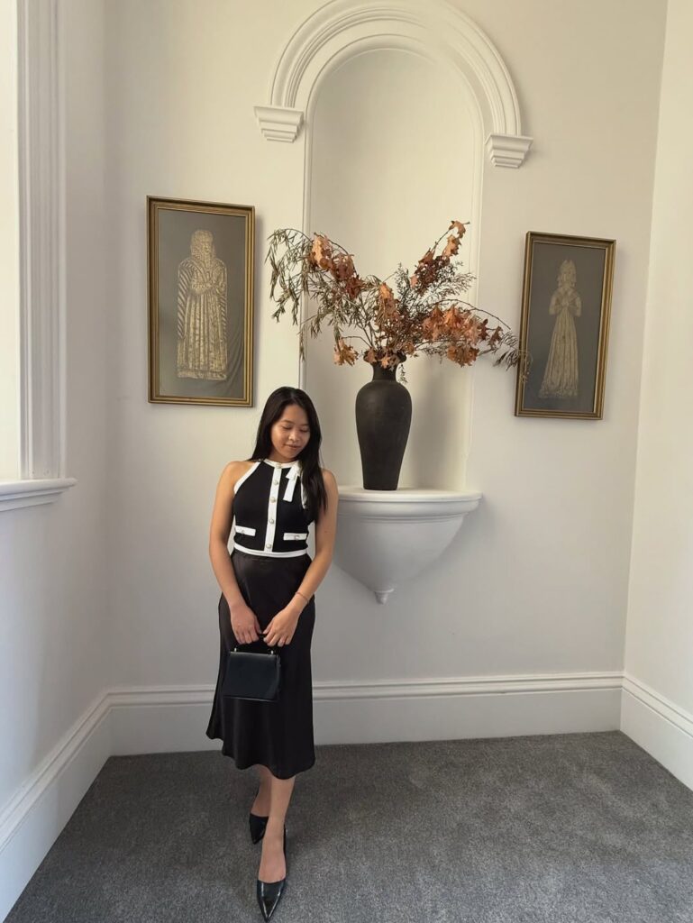 Black-and-White Halter Top with Satin Midi Skirt for Spring Work