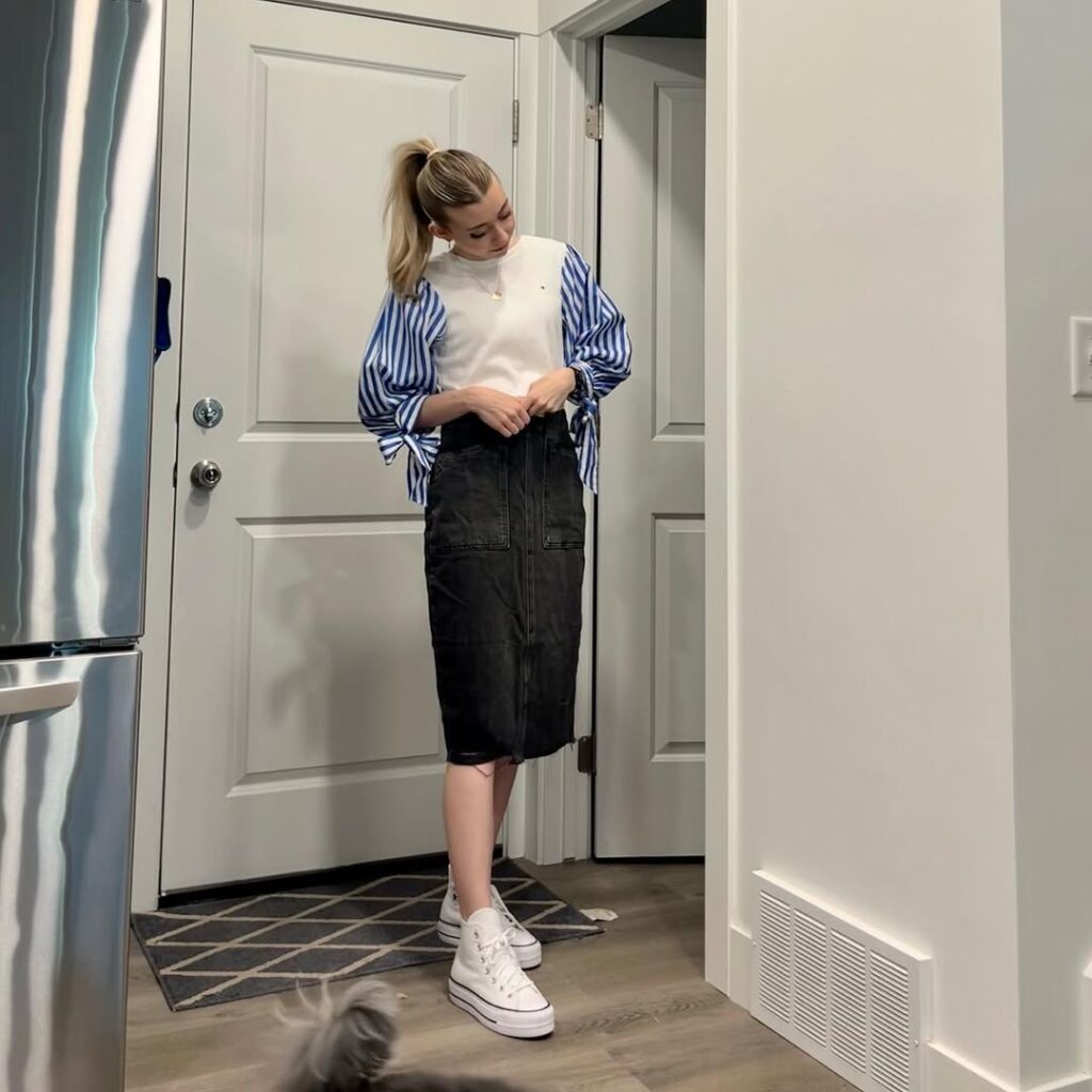 White Tee with Striped Shirt and Black Denim Midi Skirt for Spring