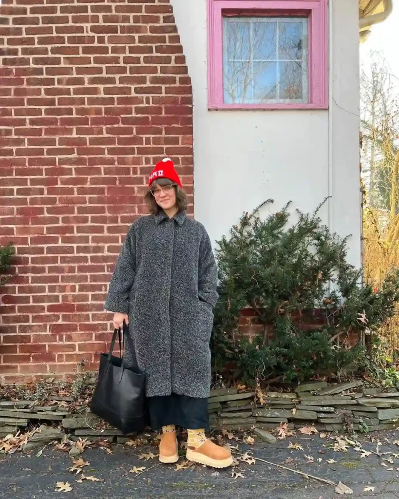 Cozy Grey Coat and Midi Skirt for a Casual Winter Office Day