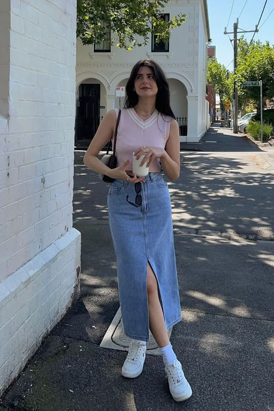 Sleeveless Knit Top with Light Denim Maxi Skirt for Spring