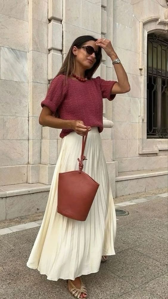 Textured Knit Top with Cream Pleated Maxi Skirt for Spring