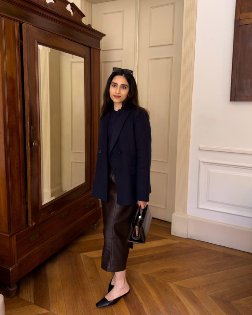 Navy Blazer and Brown Leather Skirt for Winter Office