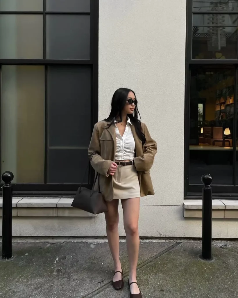 Oversized Brown Blazer with Beige Mini Skirt for Spring