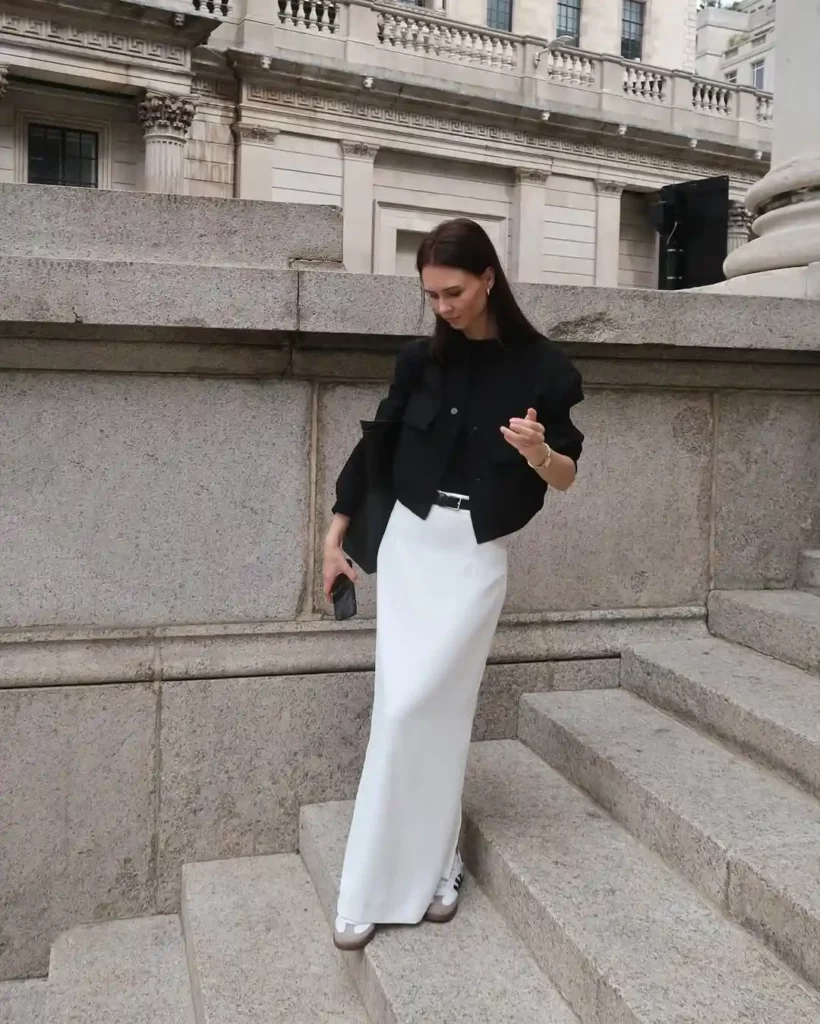 Black Jacket with White Maxi Skirt for Spring
