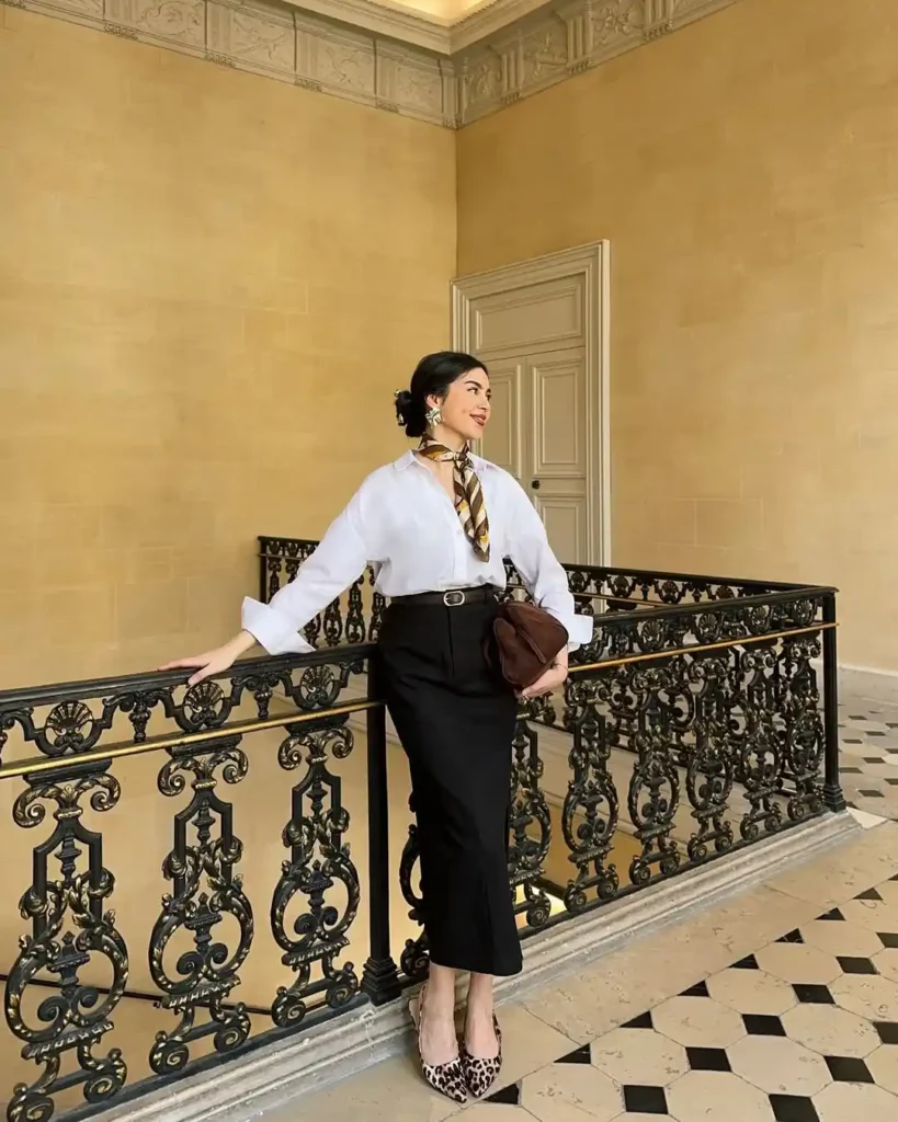 White Button-Down with Black Midi Skirt and Silk Scarf for Spring Work