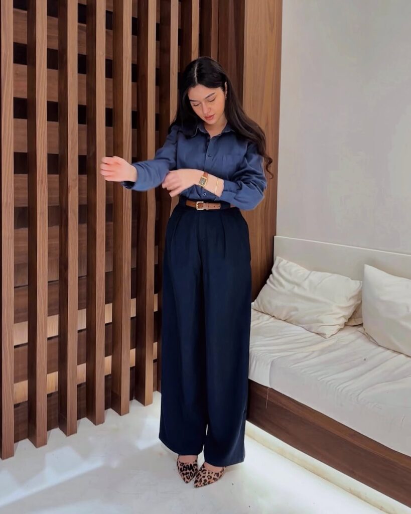 Navy Button-Down with Wide-Leg Trousers for Spring Work