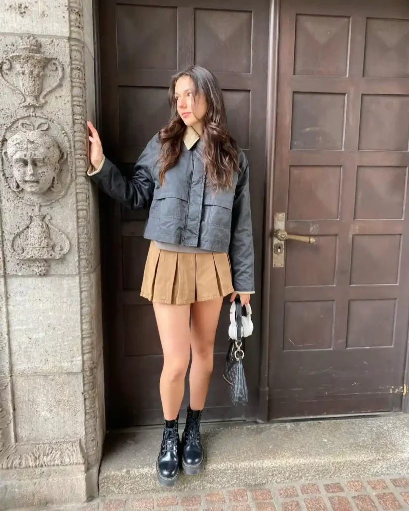 Utility Jacket with Pleated Brown Mini Skirt for Spring