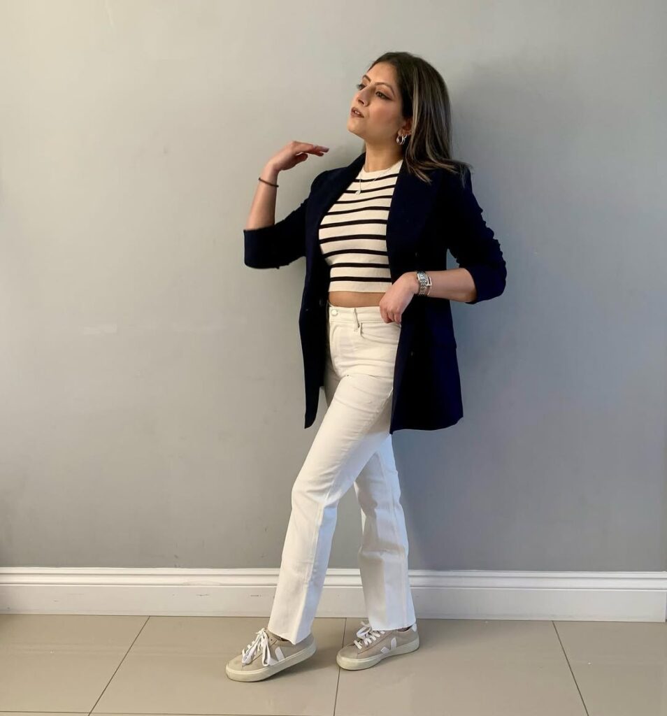 Navy Blazer with White Jeans for Spring Office