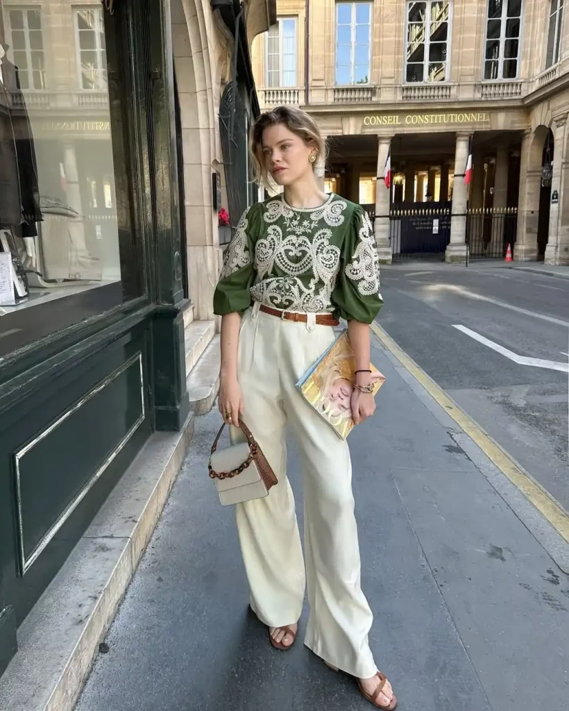 Green Lace Blouse with Cream Wide-Leg Trousers for Spring Work