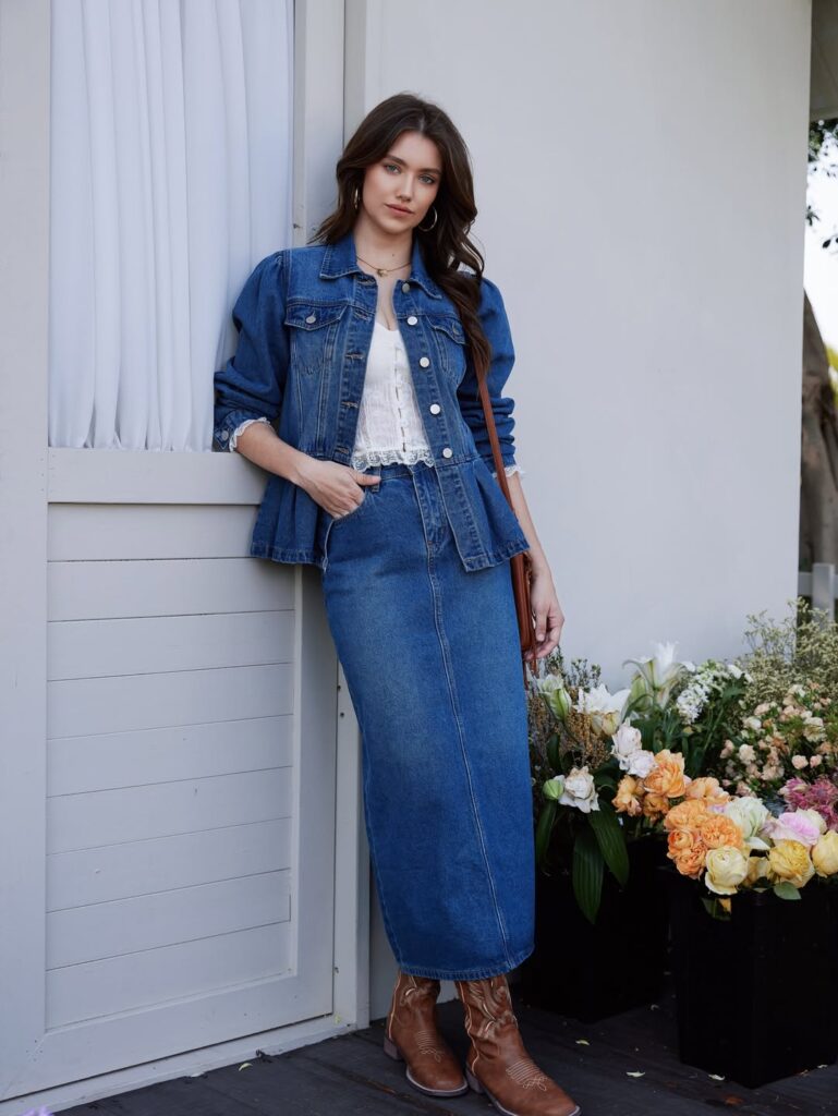 Denim Jacket with Matching Denim Maxi Skirt for Spring