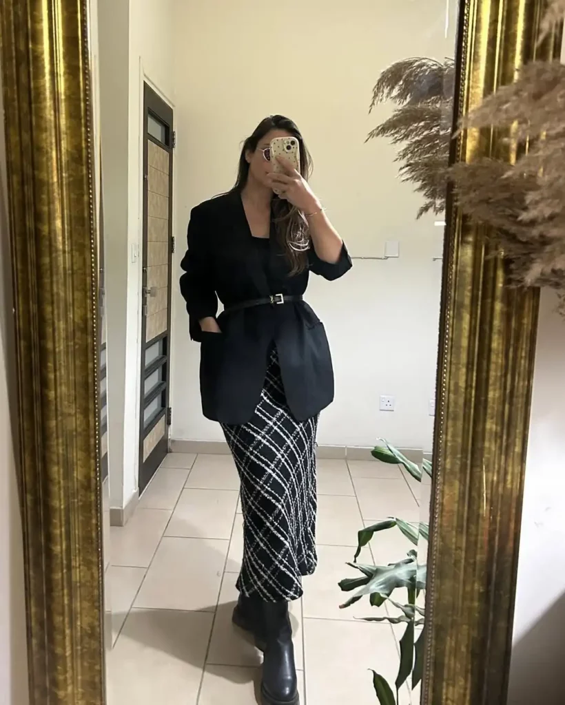 Oversized Black Blazer and Checked Midi Skirt for a Chic Winter Office Look