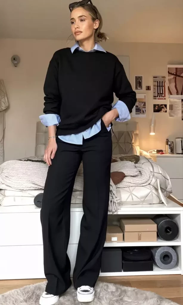 Black Sweatshirt Layering with Sharp Office Simplicity