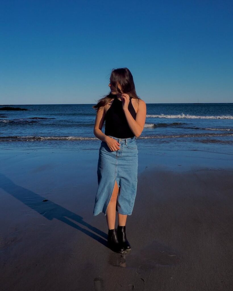 Black Halter Top with Light Denim Midi Skirt for Spring