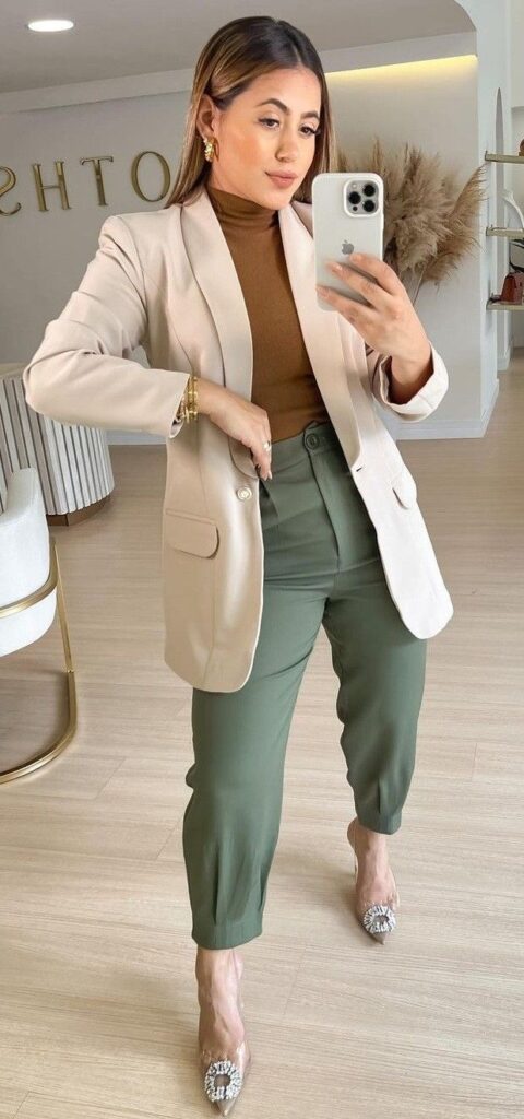 Earth-Tone Balance with a Beige Blazer for Office