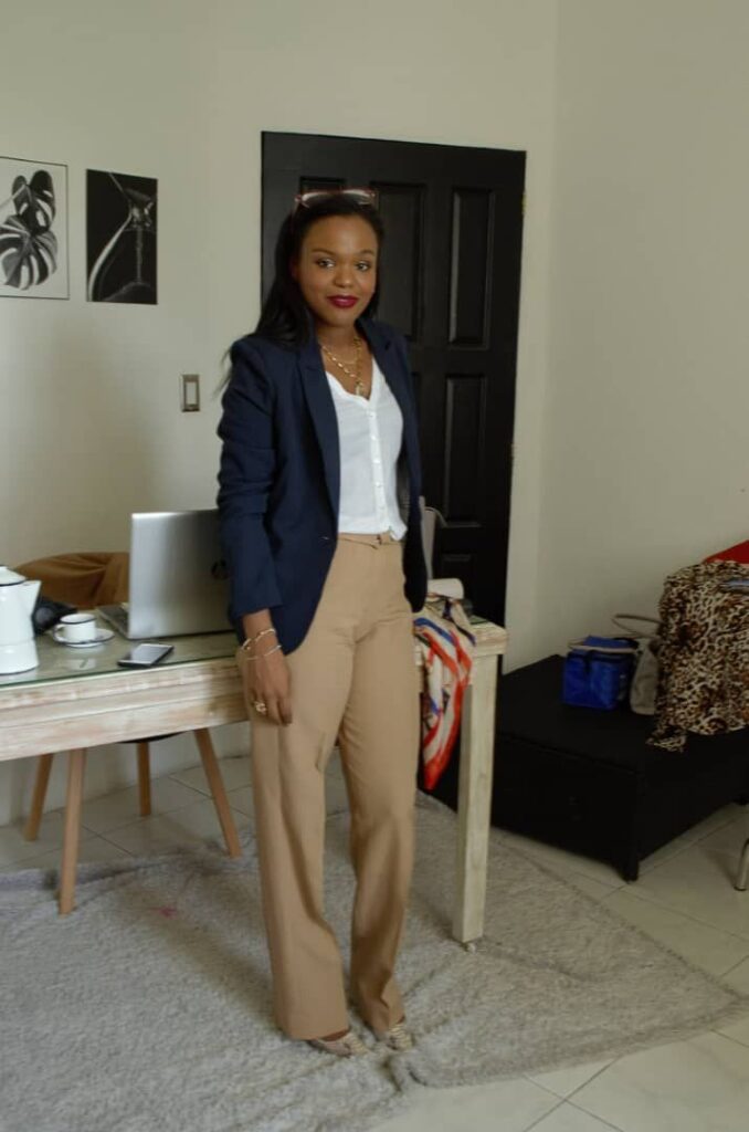 Warm Neutrals Styled with a Navy Blue Blazer