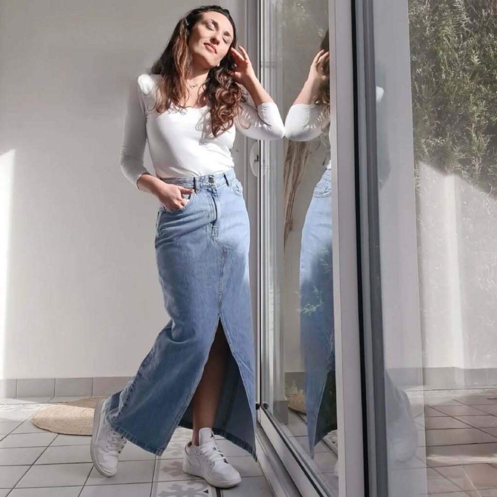 Soft White Long-Sleeve Top with Light Denim Maxi Skirt for Spring