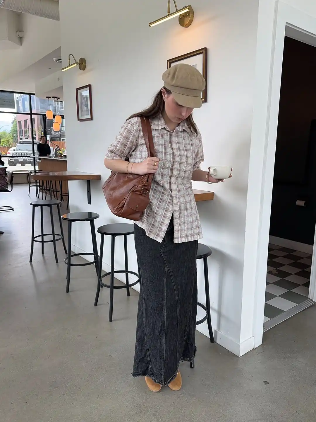 Plaid Short-Sleeve Shirt with Dark Denim Maxi Skirt for Spring