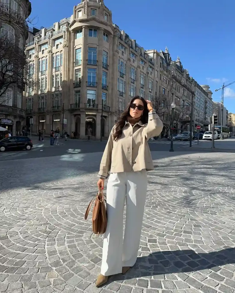 Short Beige Trench Jacket with White Wide-Leg Trousers for Spring Work