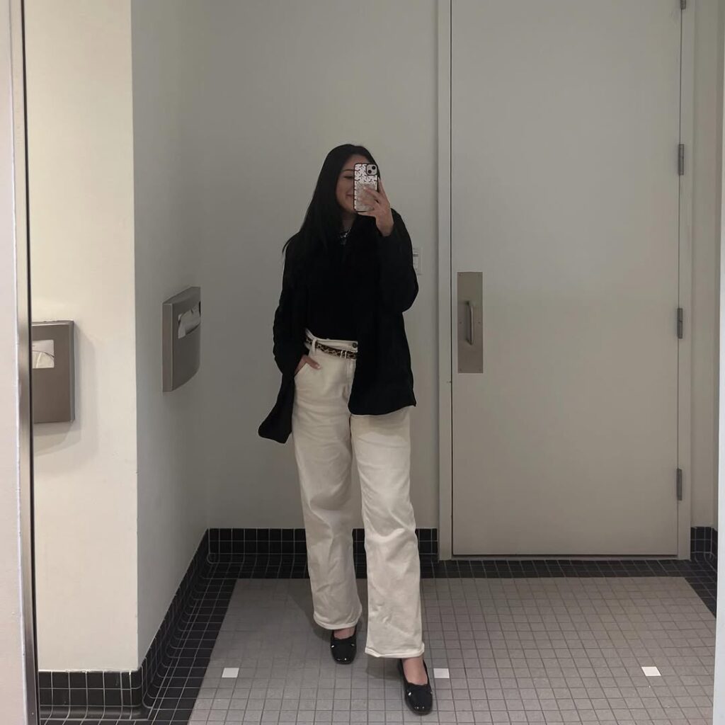 Black Top with White Jeans for Spring Office