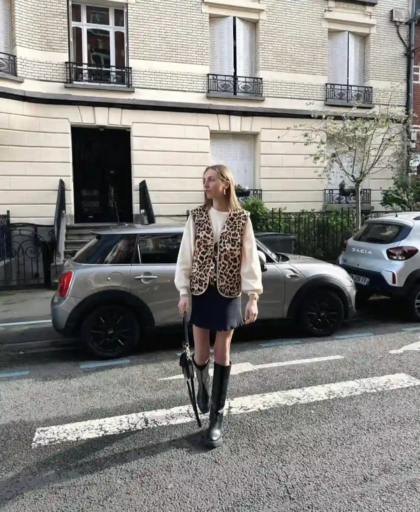 Leopard Vest with Black Mini Skirt for Spring