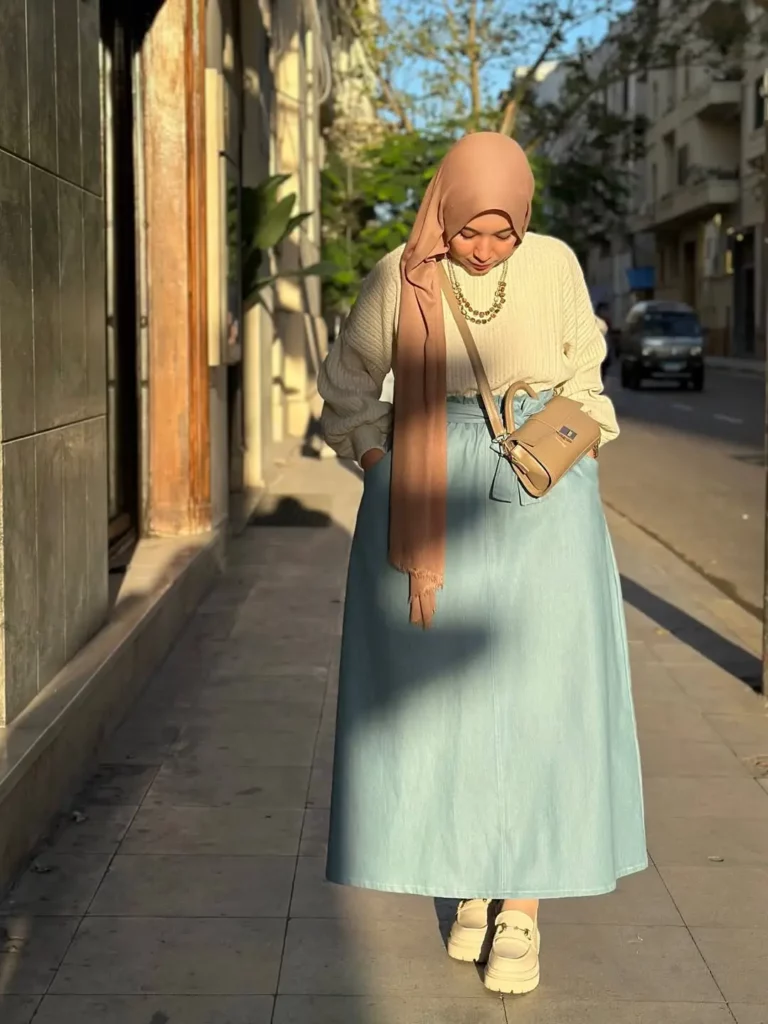 Cream Knit Sweater with Light Blue Maxi Skirt for Winter Hijab