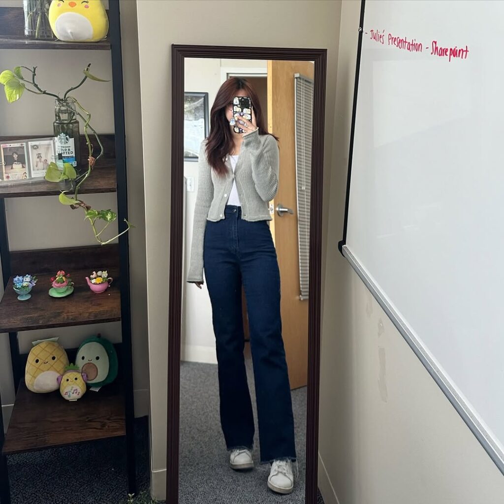 Grey Cardigan with Dark Jeans for Spring Office