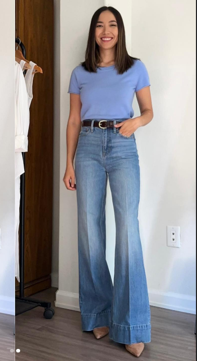Soft Blue Tee with Wide-Leg Jeans Business Look