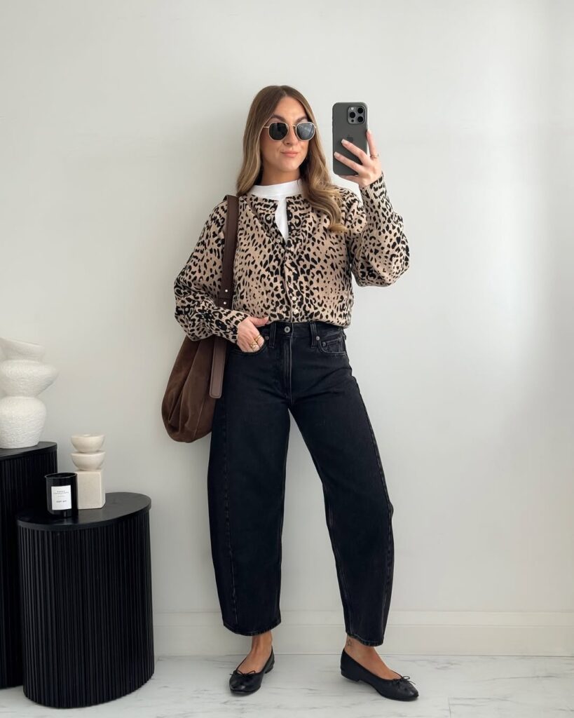Leopard Cardigan & Black Barrel Jeans Spring Outfit