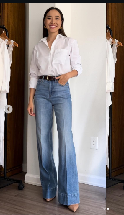 Crisp White Shirt with Wide-Leg Jeans Office Style