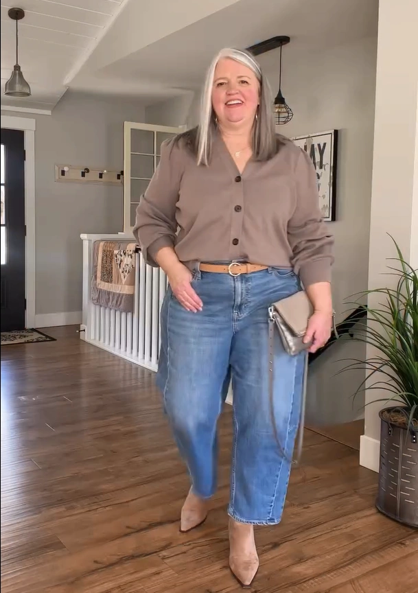 Button-Down Blouse with Barrel Jeans Plus Size Outfit