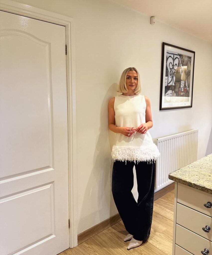 Feather Hem Top with Black Barrel Jeans for Dinner