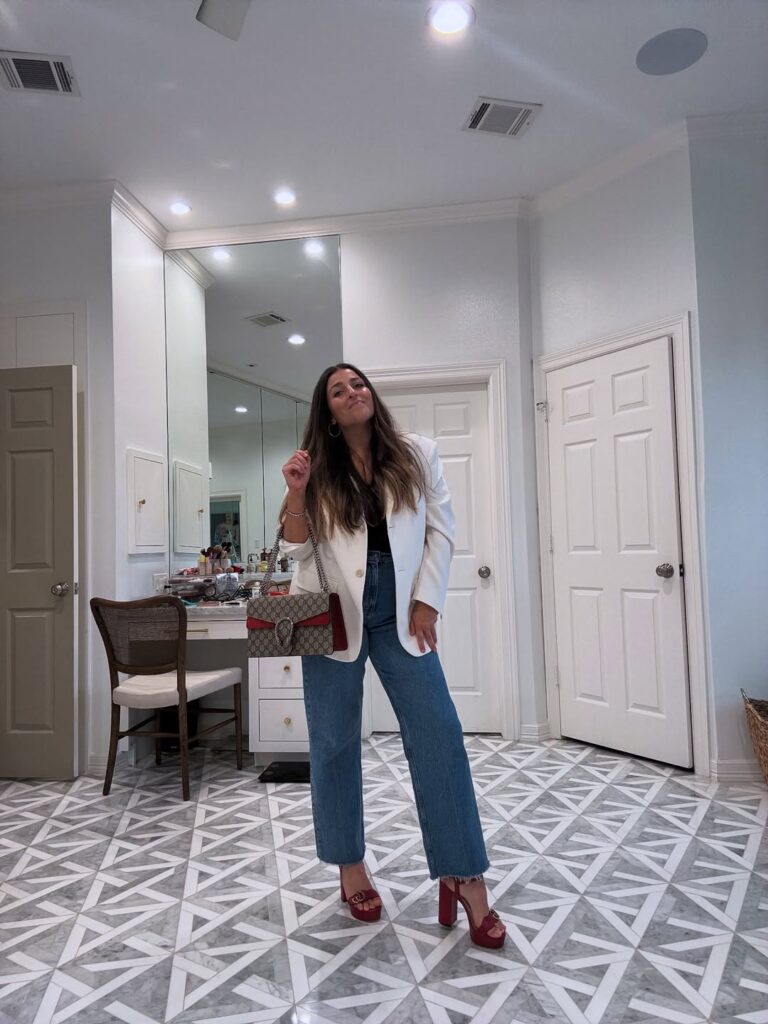 White Blazer with Barrel Jeans and Heels for Dinner